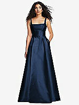 Front View Thumbnail - Midnight Navy Boned Corset Closed-Back Satin Gown with Full Skirt and Pockets