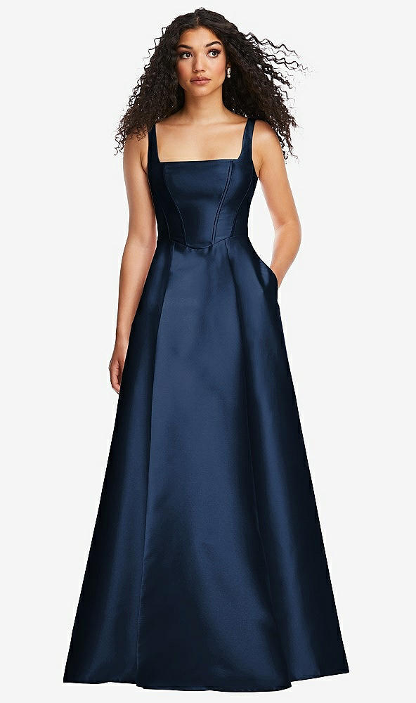 Front View - Midnight Navy Boned Corset Closed-Back Satin Gown with Full Skirt and Pockets