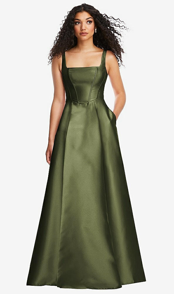 Front View - Olive Green Boned Corset Closed-Back Satin Gown with Full Skirt and Pockets