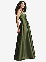 Side View Thumbnail - Olive Green Boned Corset Closed-Back Satin Gown with Full Skirt and Pockets