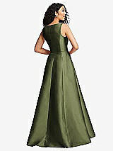 Rear View Thumbnail - Olive Green Boned Corset Closed-Back Satin Gown with Full Skirt and Pockets