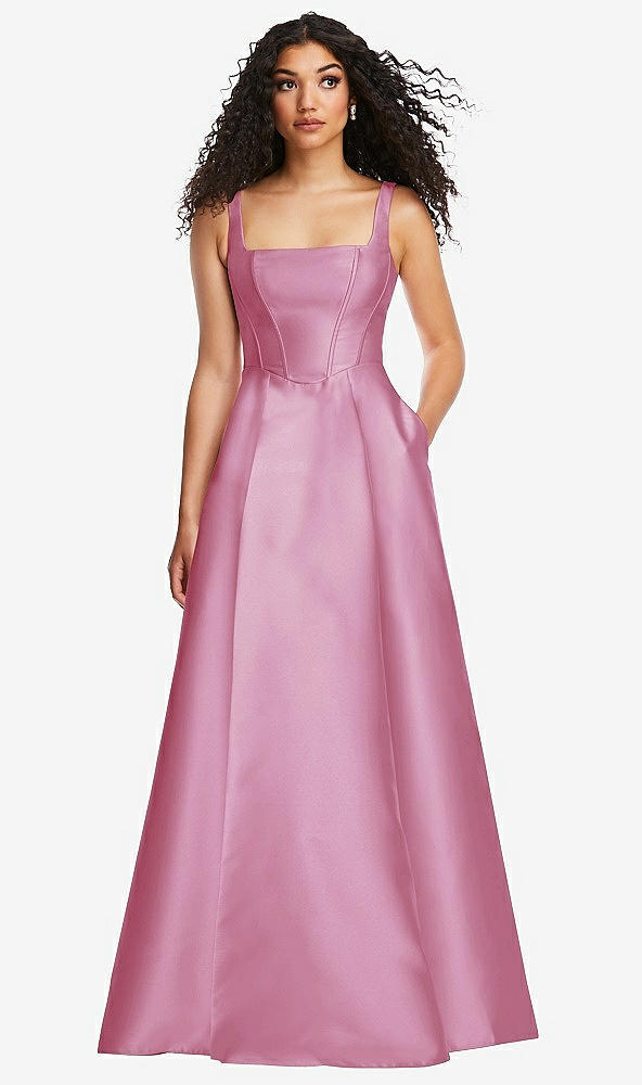 Front View - Powder Pink Boned Corset Closed-Back Satin Gown with Full Skirt and Pockets