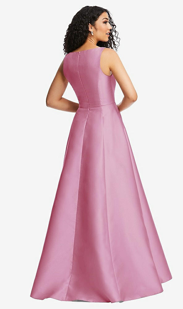 Back View - Powder Pink Boned Corset Closed-Back Satin Gown with Full Skirt and Pockets