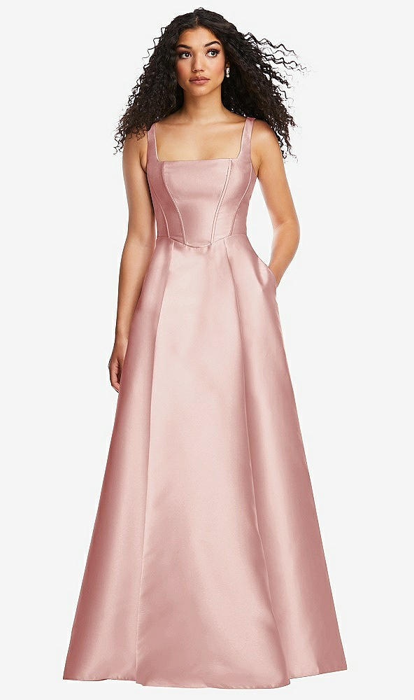 Front View - Rose Boned Corset Closed-Back Satin Gown with Full Skirt and Pockets