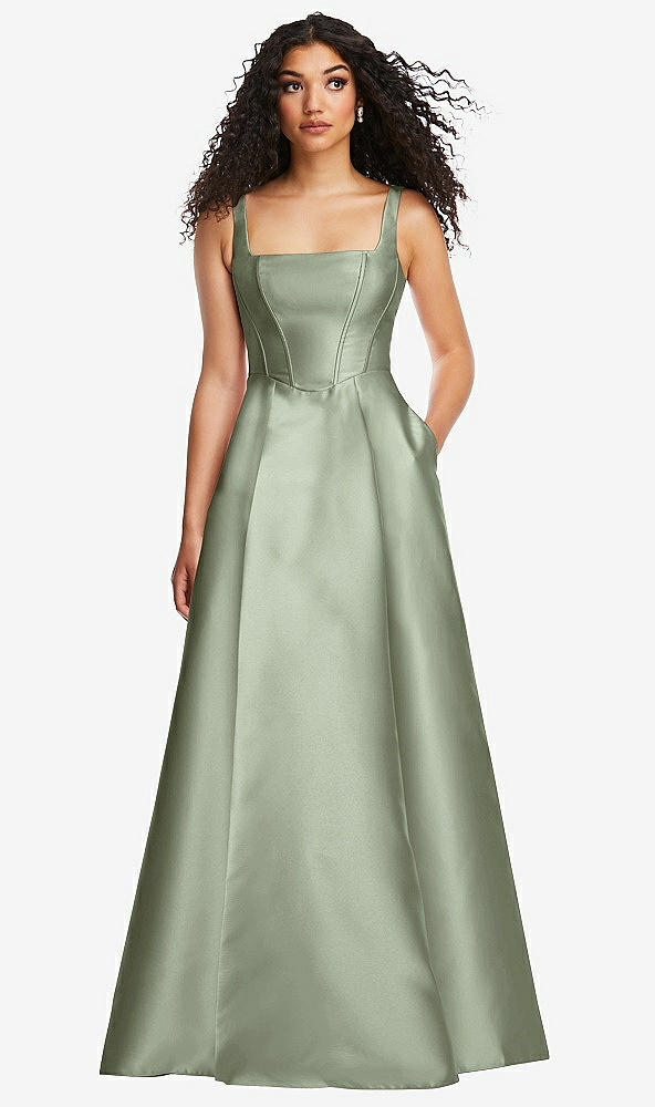 Front View - Sage Boned Corset Closed-Back Satin Gown with Full Skirt and Pockets