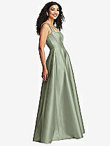 Side View Thumbnail - Sage Boned Corset Closed-Back Satin Gown with Full Skirt and Pockets