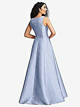 Rear View Thumbnail - Sky Blue Boned Corset Closed-Back Satin Gown with Full Skirt and Pockets
