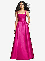 Front View Thumbnail - Think Pink Boned Corset Closed-Back Satin Gown with Full Skirt and Pockets