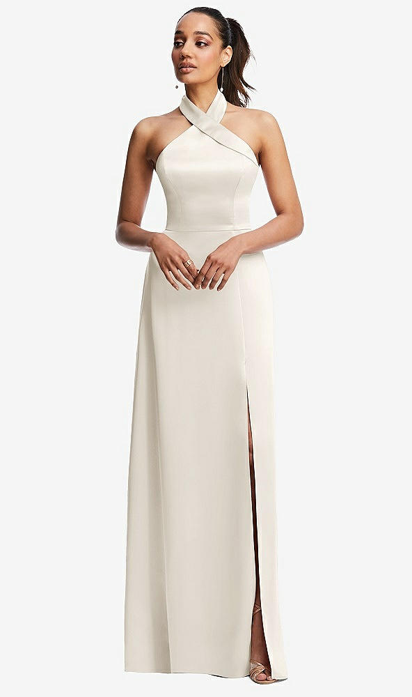 Front View - Ivory Shawl Collar Open-Back Halter Maxi Dress with Pockets