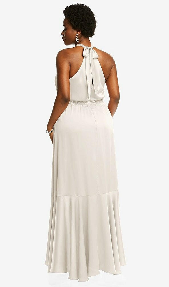 Back View - Ivory Tie-Neck Halter Maxi Dress with Asymmetric Cascade Ruffle Skirt