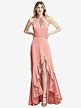 Alt View 1 Thumbnail - Rose Tie-Neck Halter Maxi Dress with Asymmetric Cascade Ruffle Skirt