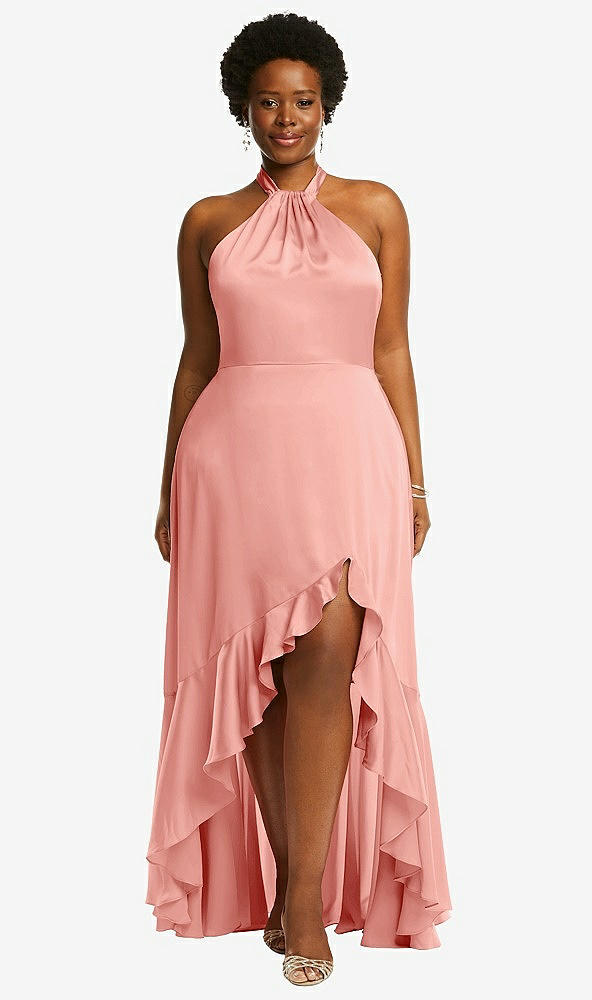 Front View - Rose Tie-Neck Halter Maxi Dress with Asymmetric Cascade Ruffle Skirt