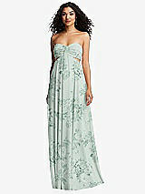 Front View Thumbnail - Mint Green Floral Strapless Empire Waist Cutout Maxi Dress with Covered Button Detail