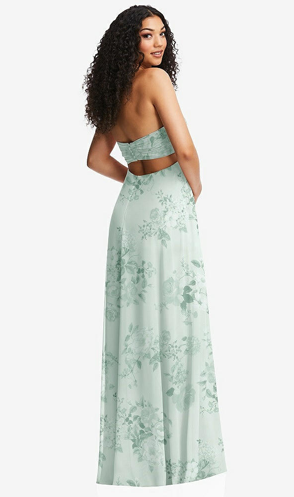 Back View - Mint Green Floral Strapless Empire Waist Cutout Maxi Dress with Covered Button Detail