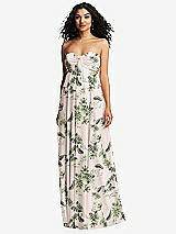 Alt View 5 Thumbnail - Palm Beach Print Strapless Empire Waist Cutout Maxi Dress with Covered Button Detail