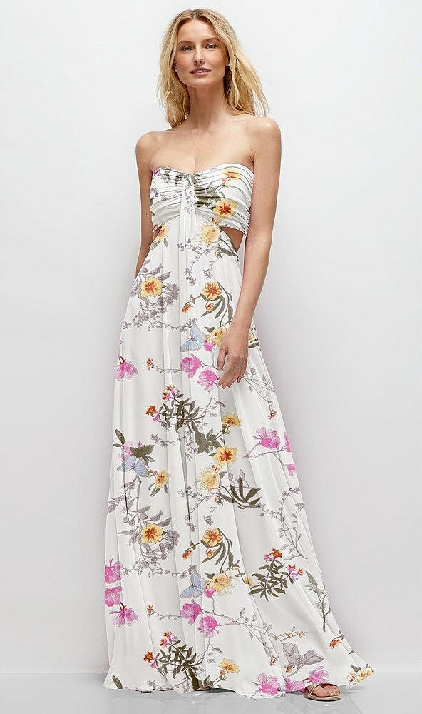Front View - Butterfly Botanica Ivory Strapless Empire Waist Cutout Maxi Dress with Covered Button Detail