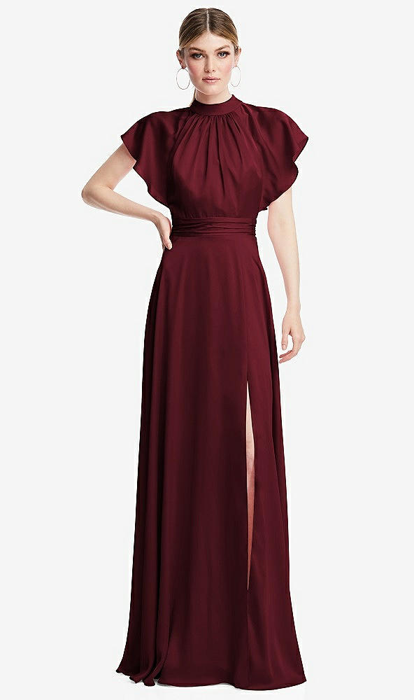 Front View - Cabernet Shirred Stand Collar Flutter Sleeve Open-Back Maxi Dress with Sash