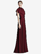 Side View Thumbnail - Cabernet Shirred Stand Collar Flutter Sleeve Open-Back Maxi Dress with Sash