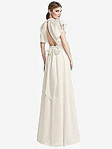 Rear View Thumbnail - Ivory Shirred Stand Collar Flutter Sleeve Open-Back Maxi Dress with Sash