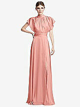 Front View Thumbnail - Rose Shirred Stand Collar Flutter Sleeve Open-Back Maxi Dress with Sash
