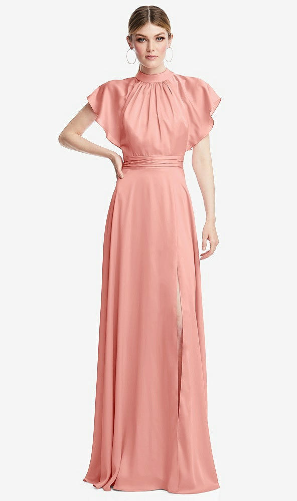 Front View - Rose Shirred Stand Collar Flutter Sleeve Open-Back Maxi Dress with Sash