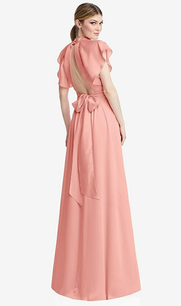 Back View - Rose Shirred Stand Collar Flutter Sleeve Open-Back Maxi Dress with Sash
