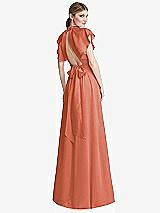 Rear View Thumbnail - Terracotta Copper Shirred Stand Collar Flutter Sleeve Open-Back Maxi Dress with Sash