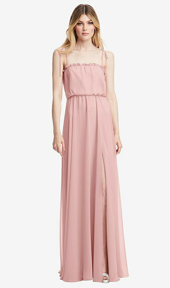 Front View - Rose Skinny Tie-Shoulder Ruffle-Trimmed Blouson Maxi Dress