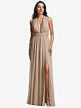 Front View Thumbnail - Topaz Shirred Deep Plunge Neck Closed Back Chiffon Maxi Dress
