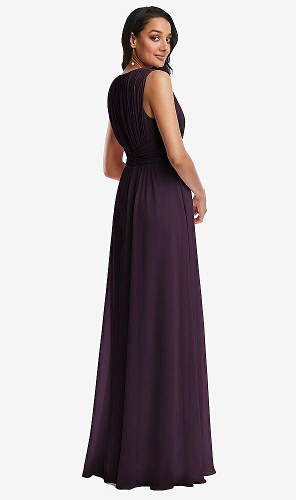 Back View - Aubergine Shirred Deep Plunge Neck Closed Back Chiffon Maxi Dress