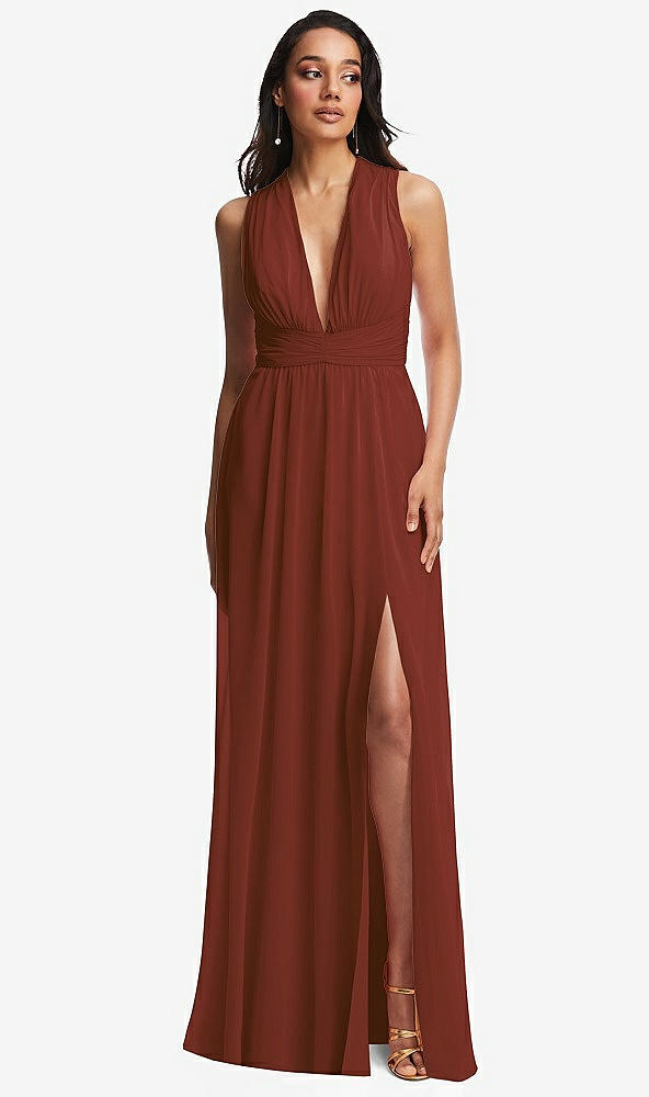 Front View - Auburn Moon Shirred Deep Plunge Neck Closed Back Chiffon Maxi Dress