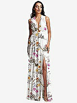 Front View Thumbnail - Butterfly Botanica Ivory Shirred Deep Plunge Neck Closed Back Chiffon Maxi Dress