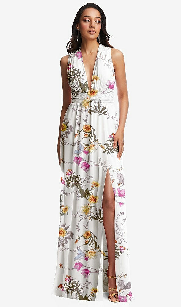 Front View - Butterfly Botanica Ivory Shirred Deep Plunge Neck Closed Back Chiffon Maxi Dress