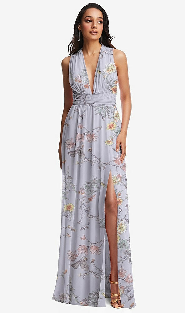 Front View - Butterfly Botanica Silver Dove Shirred Deep Plunge Neck Closed Back Chiffon Maxi Dress