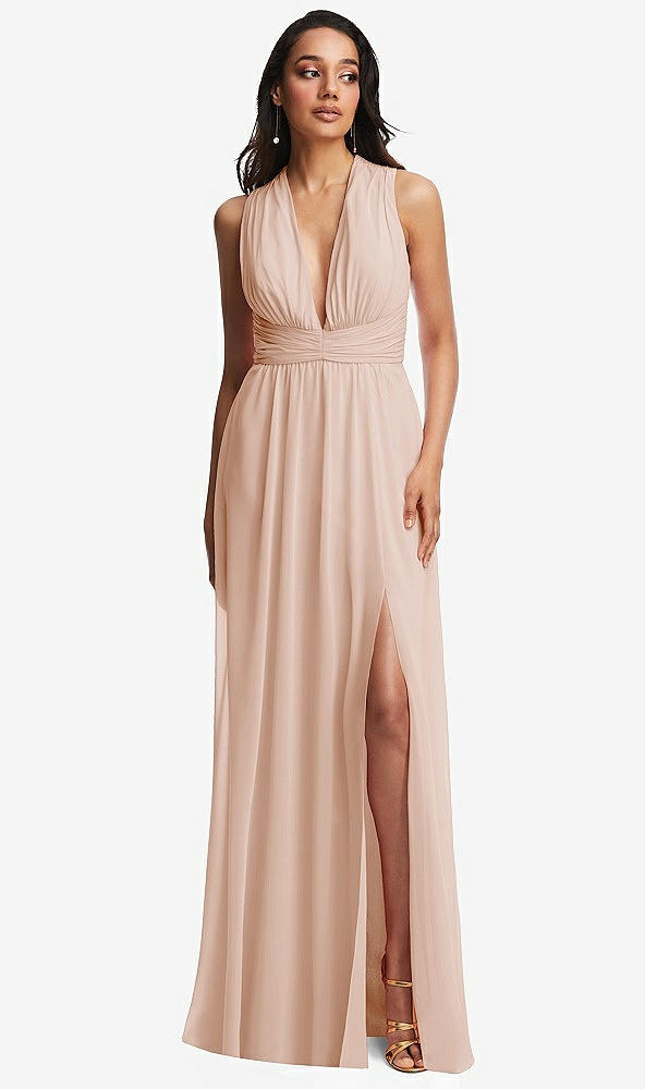 Front View - Cameo Shirred Deep Plunge Neck Closed Back Chiffon Maxi Dress