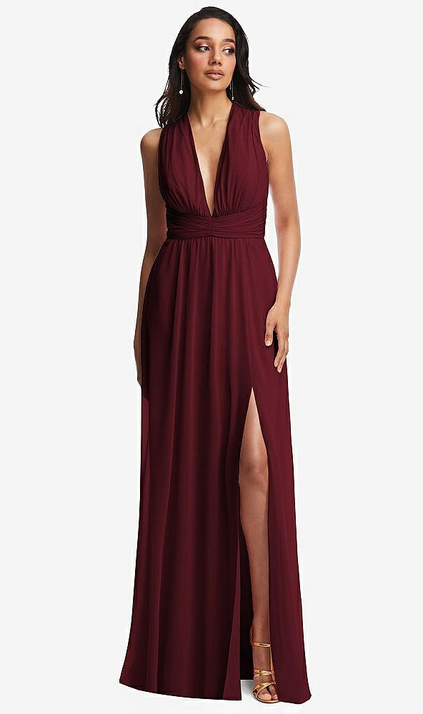 Front View - Cabernet Shirred Deep Plunge Neck Closed Back Chiffon Maxi Dress