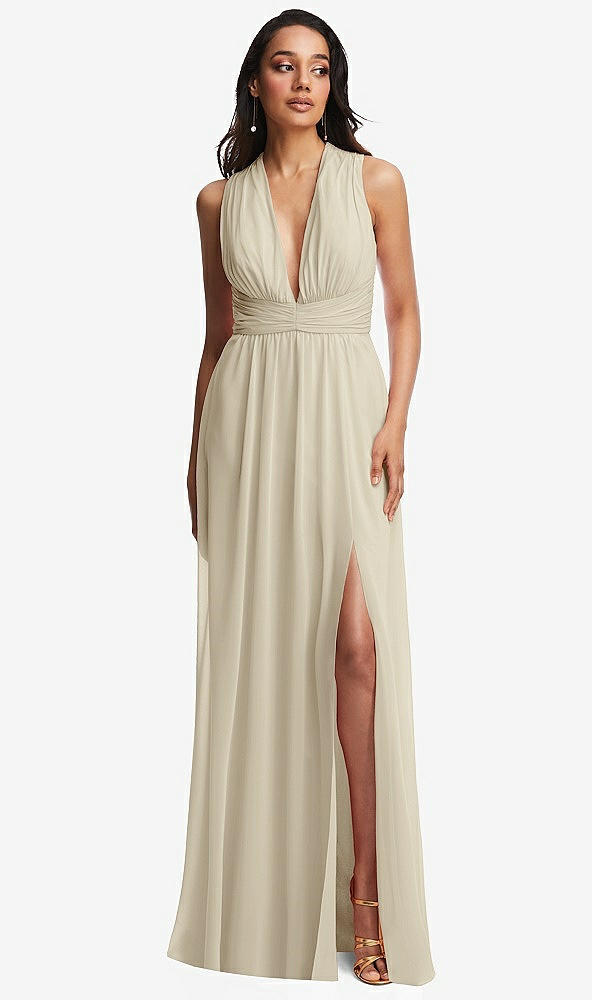 Front View - Champagne Shirred Deep Plunge Neck Closed Back Chiffon Maxi Dress