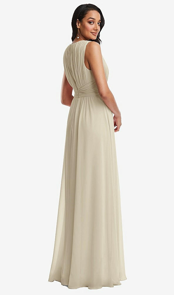 Back View - Champagne Shirred Deep Plunge Neck Closed Back Chiffon Maxi Dress