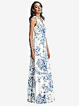 Side View Thumbnail - Cottage Rose Dusk Blue Shirred Deep Plunge Neck Closed Back Chiffon Maxi Dress