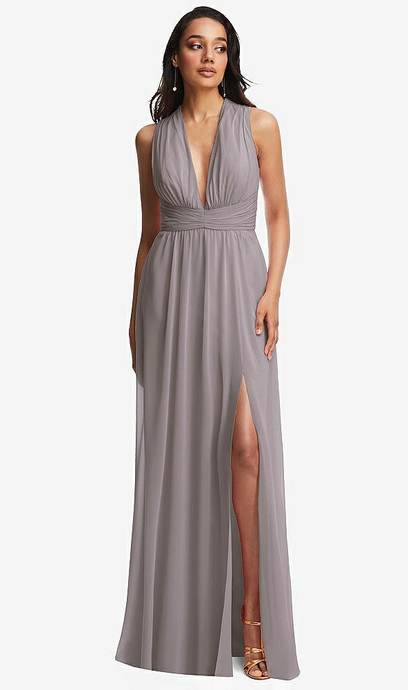 Front View - Cashmere Gray Shirred Deep Plunge Neck Closed Back Chiffon Maxi Dress