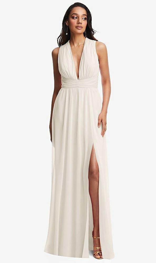 Front View - Ivory Shirred Deep Plunge Neck Closed Back Chiffon Maxi Dress