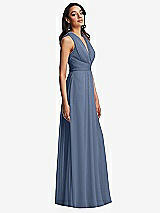 Side View Thumbnail - Larkspur Blue Shirred Deep Plunge Neck Closed Back Chiffon Maxi Dress