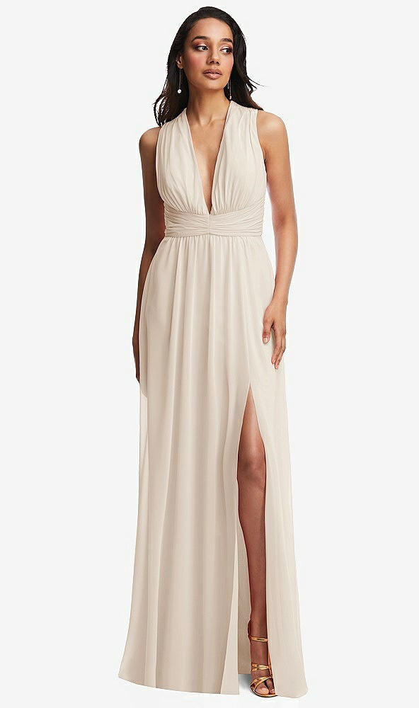 Front View - Oat Shirred Deep Plunge Neck Closed Back Chiffon Maxi Dress