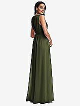 Rear View Thumbnail - Olive Green Shirred Deep Plunge Neck Closed Back Chiffon Maxi Dress