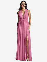 Front View Thumbnail - Orchid Pink Shirred Deep Plunge Neck Closed Back Chiffon Maxi Dress 