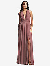 Front View Thumbnail - Rosewood Shirred Deep Plunge Neck Closed Back Chiffon Maxi Dress