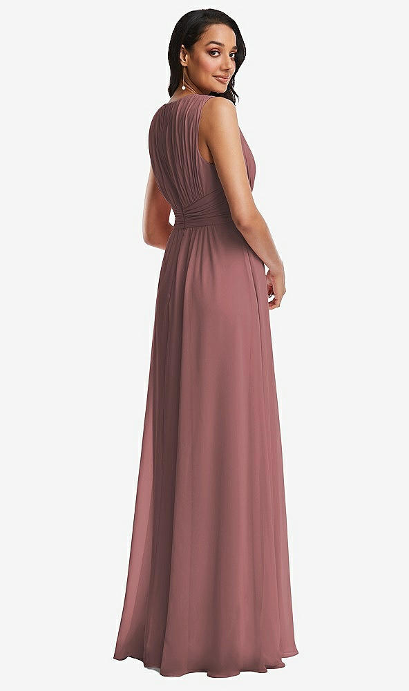 Back View - Rosewood Shirred Deep Plunge Neck Closed Back Chiffon Maxi Dress