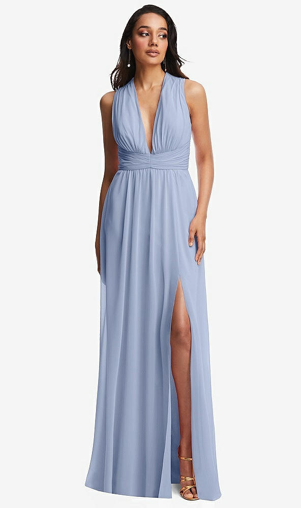 Front View - Sky Blue Shirred Deep Plunge Neck Closed Back Chiffon Maxi Dress