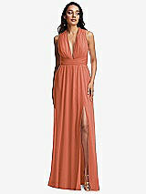 Front View Thumbnail - Terracotta Copper Shirred Deep Plunge Neck Closed Back Chiffon Maxi Dress