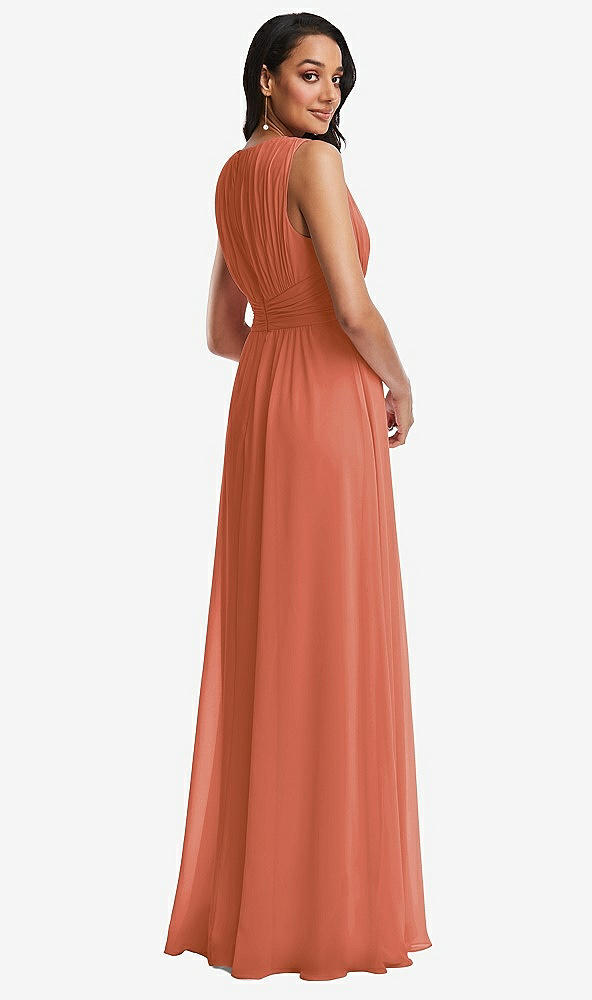 Back View - Terracotta Copper Shirred Deep Plunge Neck Closed Back Chiffon Maxi Dress